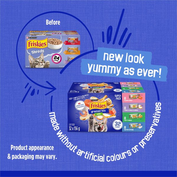 Show full view: Friskies Greatest Hits Variety Pack Wet Cat Food, 156-g, case of 32 slide 3 of 10
