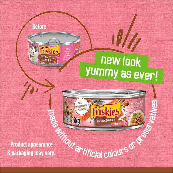 Show full view: Friskies Extra Gravy Chunky with Salmon in Savoury Gravy Wet Cat Food, 156-g can, case of 24 slide 3 of 10