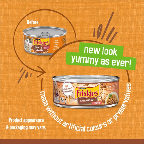 Show full view: Friskies Extra Gravy Chunky with Chicken in Savoury Gravy Wet Cat Food, 156-g can, case of 24 slide 3 of 11