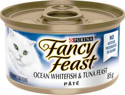 Fancy Feast Pate Ocean Whitefish & Tuna Feast Wet Cat Food, 85-g can, case of 24