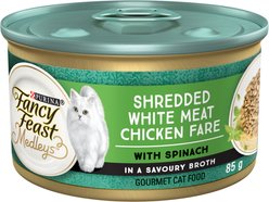 Fancy Feast Medleys Shredded White Meat Chicken Fare in a Savoury Broth Wet Cat Food, 85-g can, case of 24