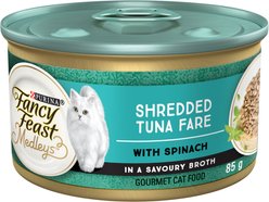Fancy Feast Medleys Shredded Tuna Fare in a Savoury Broth Wet Cat Food, 85-g can, case of 24