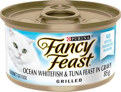 Fancy Feast Grilled Ocean Whitefish & Tuna Feast in Gravy Wet Cat Food, 85-g can, case of 24
