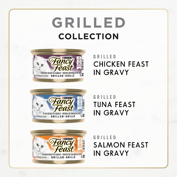 Show full view: Fancy Feast Grilled in Gravy Tuna, Salmon & Chicken Variety Pack Wet Cat Food, 85-g can, case of 12 slide 5 of 10