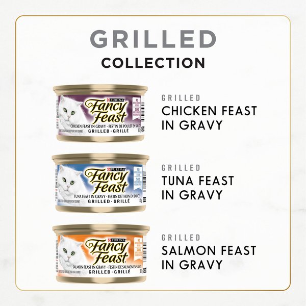 Show full view: Fancy Feast Grilled in Gravy Tuna, Salmon & Chicken Variety Pack Wet Cat Food, 85-g can, case of 24 slide 5 of 10