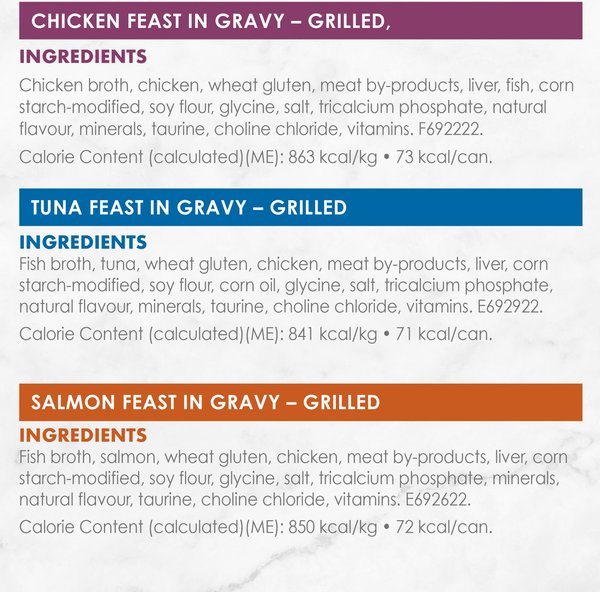 Show full view: Fancy Feast Grilled in Gravy Tuna, Salmon & Chicken Variety Pack Wet Cat Food, 85-g can, case of 24 slide 7 of 10