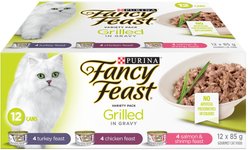 Fancy Feast Grilled in Gravy Turkey, Chicken, Salmon & Shrimp Variety Pack Wet Cat Food, 85-g can, case of 12