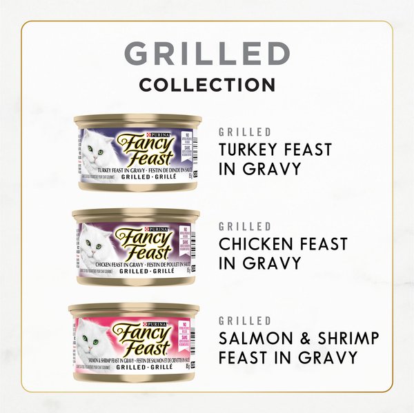Show full view: Fancy Feast Grilled in Gravy Turkey, Chicken, Salmon & Shrimp Variety Pack Wet Cat Food, 85-g can, case of 12 slide 5 of 9
