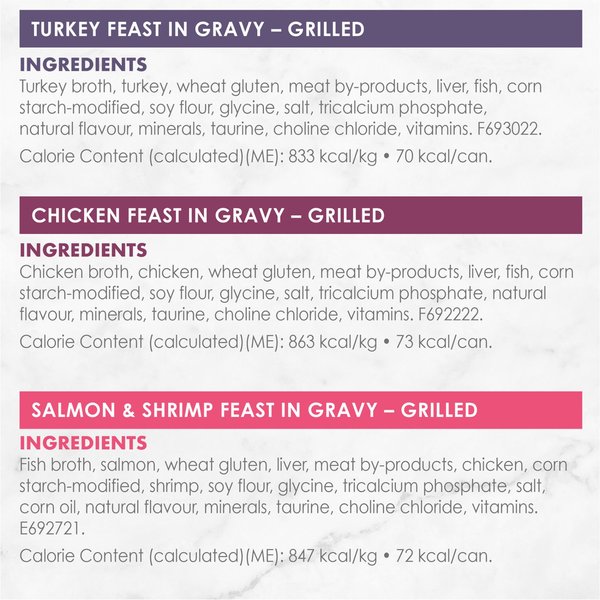 Show full view: Fancy Feast Grilled in Gravy Turkey, Chicken, Salmon & Shrimp Variety Pack Wet Cat Food, 85-g can, case of 12 slide 7 of 9