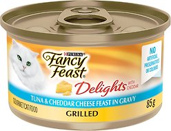 Fancy Feast Delights with Cheddar Grilled Tuna & Cheddar Cheese Feast in Gravy Wet Cat Food, 85-g can, case of 24