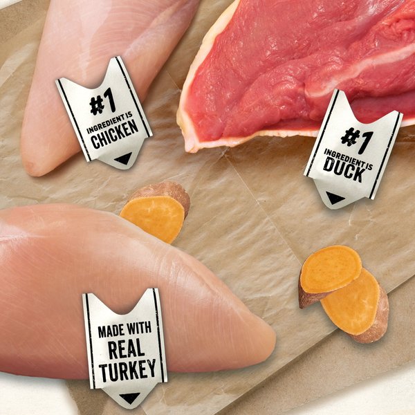 Show full view: Purina Beyond Poultry Variety Pack Chicken & Sweet Potato, Cage-Free Turkey, Sweet Potato & Spinach, & Canadian Duck & Sweet Potato Wet Cat Food, 85-g can, case of 12 slide 3 of 15