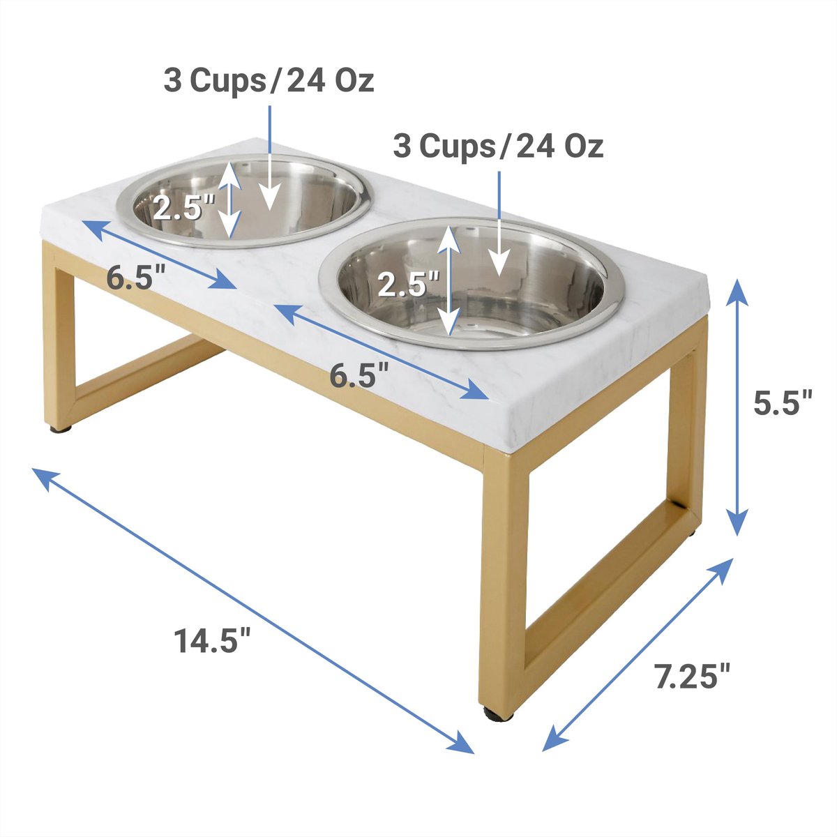 FRISCO Marble Print Stainless Steel Double Elevated Dog Bowl, Gold Stand,  Medium: 3 cup - Chewy.com