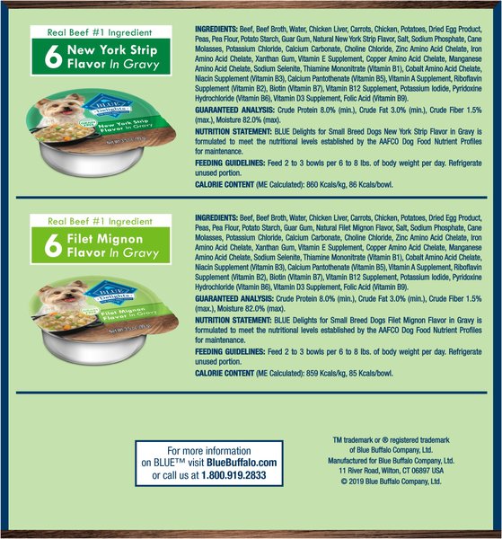 Show full view: Blue Buffalo Delights Natural Filet Mignon in Gravy & NY Strip in Gravy Wet Dog Food, 99-g cup, case of 12 slide 3 of 8