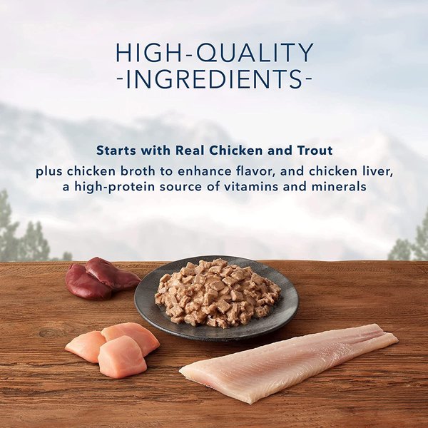 Show full view: Blue Buffalo Wilderness Wild Delights Natural Chicken & Trout Flaked Adult Wet Cat Food, 5.5-oz can, case of 24 slide 3 of 7