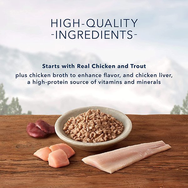 Show full view: Blue Buffalo Wilderness Wild Delights Natural Chicken & Trout Minced Adult Wet Cat Food, 5.5-oz can, case of 24 slide 3 of 7