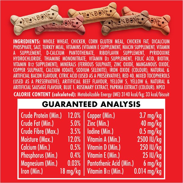 Show full view: Milk-Bone Flavour Snacks Assorted Meat Flavours Medium Crunchy Biscuit Dog Treats, 6.5-kg tub slide 7 of 9