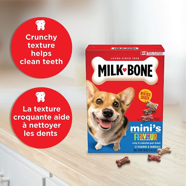 Show full view: Milk-Bone Flavour Snacks Assorted Meat Flavours Mini's Crunchy Biscuit Dog Treats, 475-g box slide 4 of 9