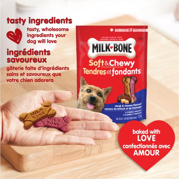 Show full view: Milk-Bone Steak & Cheese Flavour Soft & Chewy Dog Treats, 113-g bag slide 3 of 8