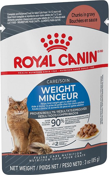 Show full view: Royal Canin Feline Care Nutrition Weight Care Adult Chunks in Gravy Wet Cat Food, 85-g pouch, case of 12 slide 3 of 10
