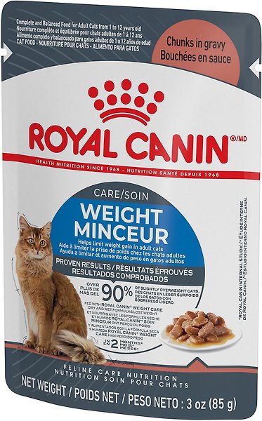 Show full view: Royal Canin Feline Care Nutrition Weight Care Adult Chunks in Gravy Wet Cat Food, 85-g pouch, case of 12 slide 5 of 10