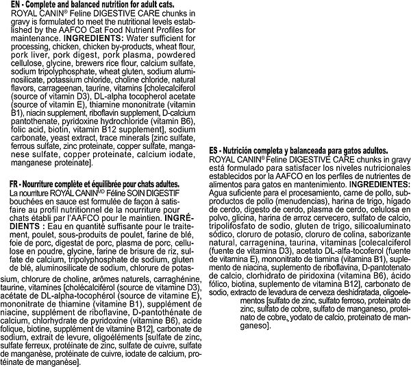 Show full view: Royal Canin Feline Care Nutrition Digest Sensitive Adult Chunks in Gravy Wet Cat Food, 85-g pouch, case of 12 slide 6 of 8