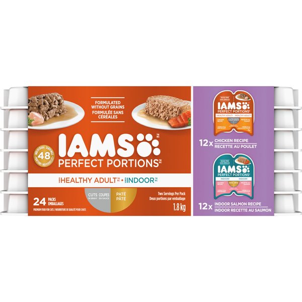 Iams Perfect Portions Variety Pack Adult Grain Free Chicken Cuts in Gravy Indoor Salmon Pate Wet Cat Food 75 g tray case of 24