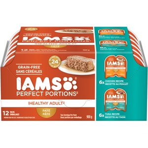 Iams Perfect Portions Variety Pack Adult Grain-Free Chicken & Tuna Pate Wet Cat Food, 75-g tray, case of 12