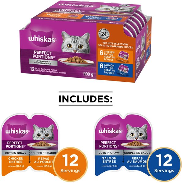 Show full view: Whiskas Perfect Portions Chicken & Salmon Selections Cuts in Gravy Wet Cat Food, 75-g tray, case of 12 slide 3 of 9