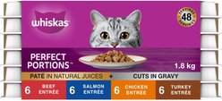Whiskas Perfect Portions Variety Pack Chicken Entree, Beef Entree, Salmon Entree, Turkey Entree Cuts in Gravy & Pate Wet Cat Food, 75-g tray, case of 24