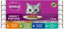Whiskas Perfect Portions Variety Pack Chicken, Chicken & Liver, Salmon, & Tuna Entree Cuts in Gravy & Pate Wet Cat Food, 75-g tray, case of 24
