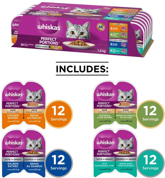 Show full view: Whiskas Perfect Portions Variety Pack Chicken, Chicken & Liver, Salmon, & Tuna Entree Cuts in Gravy & Pate Wet Cat Food, 75-g tray, case of 24 slide 3 of 9