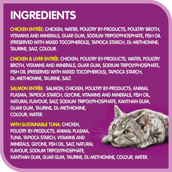 Show full view: Whiskas Perfect Portions Variety Pack Chicken, Chicken & Liver, Salmon, & Tuna Entree Cuts in Gravy & Pate Wet Cat Food, 75-g tray, case of 24 slide 7 of 9