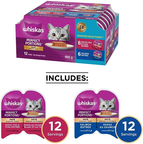 Show full view: Whiskas Perfect Portions Seafood Selections Pate Wet Cat Food, 75-g tray, case of 12 slide 3 of 10