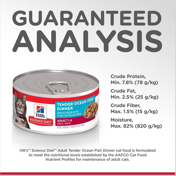 Show full view: Hill's Science Diet Adult Tender Ocean Fish Dinner Canned Cat Food, 156-g can, case of 24 slide 4 of 9