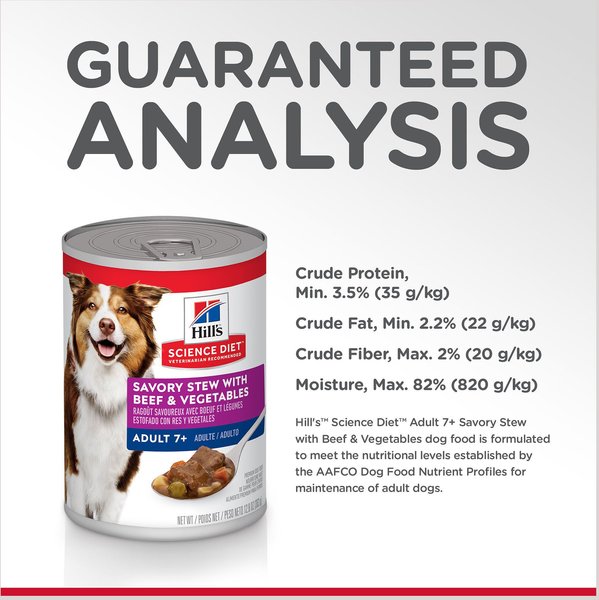 Show full view: Hill's Science Diet Adult 7+ Savory Stew with Beef & Vegetables Canned Dog Food, 363-g can, case of 12 slide 3 of 8