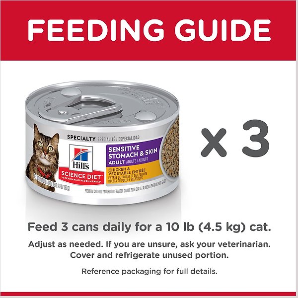 Show full view: Hill's Science Diet Sensitive Stomach & Sensitive Skin Chicken & Vegetable Entree Canned Cat Food, 82-g can, case of 24 slide 6 of 9