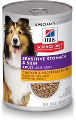 Hill's Science Diet Adult Sensitive Stomach & Sensitive Skin Chicken & Vegetable Entree Canned Dog Food, 363-g can, case of 12