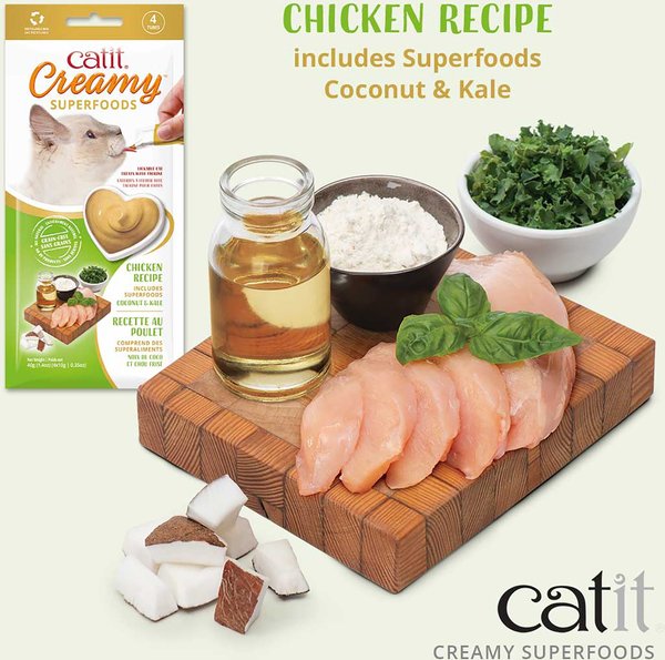 Show full view: Catit Creamy Superfood Chicken Recipe with Coconut & Kale Lickable Cat Treats, 10-g tube, pack of 4 slide 3 of 3