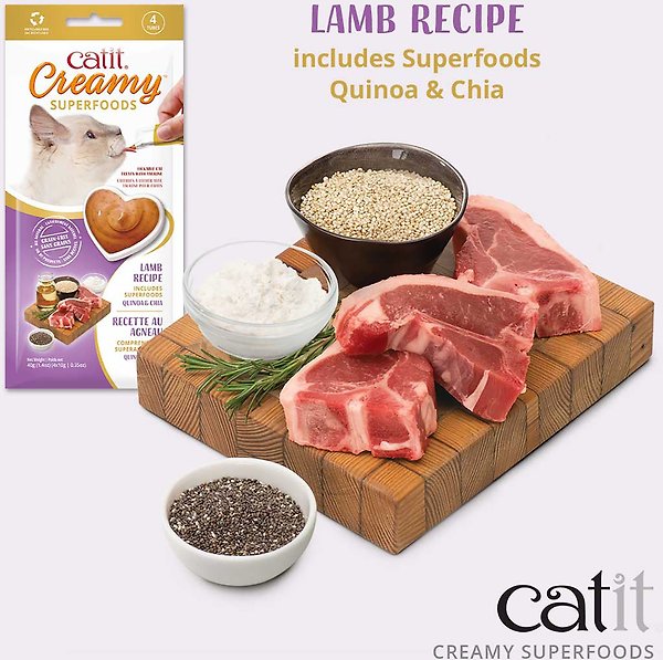Show full view: Catit Creamy Superfood Lamb Recipe with Quinoa & Chia Lickable Cat Treats, 10-g tube, pack of 4 slide 3 of 3