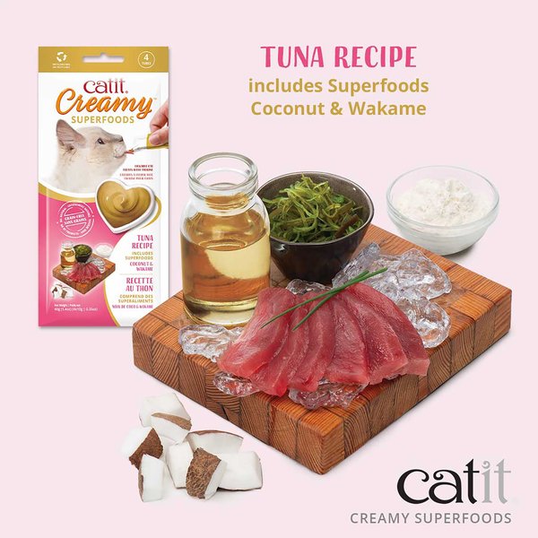 Show full view: Catit Creamy Superfood Tuna Recipe with Coconut & Wakame Lickable Cat Treats, 10-g tube, pack of 4 slide 3 of 3