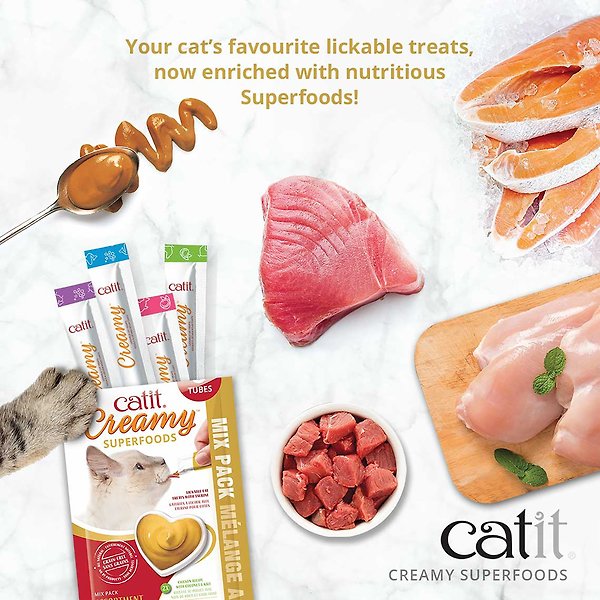 Show full view: Catit Creamy Superfood Assorted Multipack Lickable Cat Treats, 10-g tube, pack of 8 slide 3 of 4