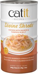 Catit Divine Shreds Chicken with Salmon & Pumpkin in Jelly Grain-Free Wet Cat Food, 85-g can, pack of 4