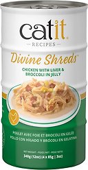 Catit Divine Shreds Chicken with Liver & Broccoli in Jelly Grain-Free Wet Cat Food, 85-g can, pack of 4