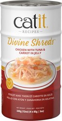 Catit Divine Shreds Chicken with Tuna & Carrot in Jelly Grain-Free Wet Cat Food, 85-g can, pack of 4