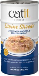 Catit Divine Shreds Chicken with Mackerel & Broccoli in Jelly Grain-Free Wet Cat Food, 85-g can, pack of 4