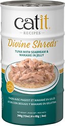 Catit Divine Shreds Tuna with Seabream & Wakame in Jelly Grain-Free Wet Cat Food, 85-g can, pack of 4