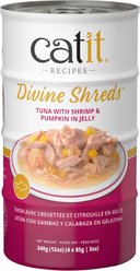 Catit Divine Shreds Tuna with Shrimp & Pumpkin in Jelly Grain-Free Wet Cat Food, 85-g can, pack of 4