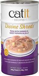 Catit Divine Shreds Tuna with Shirasu & Sweet Potato in Jelly Grain-Free Wet Cat Food, 85-g can, pack of 4