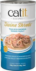 Catit Divine Shreds Tuna with Chicken & Wakame in Jelly Grain-Free Wet Cat Food, 85-g can, pack of 4