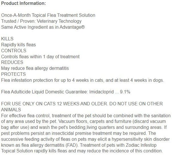 Show full view: Zodiac Infestop Flea Topical Solution for Cats, Under 4 kg slide 4 of 4